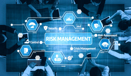 This image illustrates modern risk management concepts through various digital icons, showcasing the importance of assessment, control, and crisis management in business. Tesselの写真素材