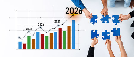 Visualize a business growth strategy with hands reaching for puzzle pieces above a colorful bar...