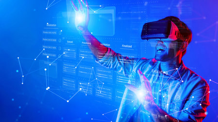 A person enthusiastically interacts with a virtual reality headset, surrounded by a digital...