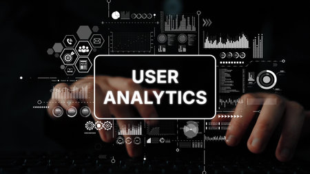 User Analytics Data Visualization on Modern Laptop with Hands Typing. Asymptotic smart data analytic.の写真素材
