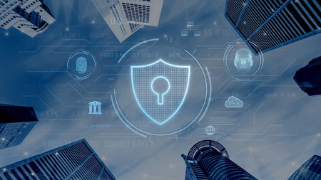 Cyber security interface with biometric and AI-powered protection system. Cyber security secures...