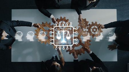 A diverse business team works together on incorporating artificial intelligence into legal frameworks, showcasing gears and circuitry for innovation and collaboration. Rasterの写真素材