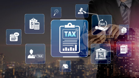 Financial regulation and tax compliance concept showing tax document, VAT, transaction flow, and financial auditing in modern financial system Marrowの写真素材
