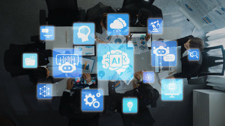 AI Assistant Brain Processor with LLM Technology, Big Data, Machine Learning, Generative AI for Business Support, Future Agentic AI Technology and Artificial Intelligence Prompt Engineering. Funnelの写真素材