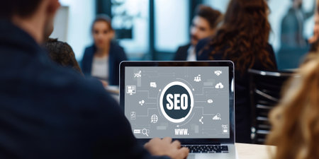 SEO search engine optimization for brisk e-commerce and online retail business showing on computer screenの素材