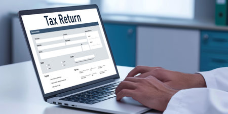 Online tax return form for submitting individual income tax return form brisk on the internet website. Government web for tax payment and return. Taxation technology concept.の素材