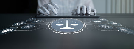 AI regulates digital law through compliance dashboards, justice-oriented tools, and secure automation for ethical governance and technology policy alignment. Artificial intelligence splineの写真素材