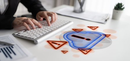 Red alert triangles over a blue cloud icon, symbolizing cloud security threats, system warnings, and...