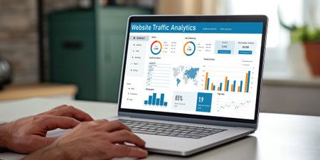 Computer software for website traffic analytics data on computer screen. Concept of SEO search engine optimization and customer targeting for online business briskの素材