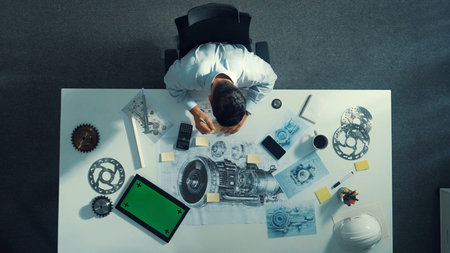 Top down view of skilled engineer writing and planning turbine engine design while sitting at meeting table with gear and electronic generator scatter around. Technician taking a note.の写真素材