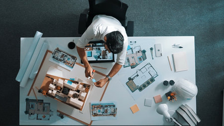 Top view of project manager writing house idea on sticky notes while looking at plan on tablet. Aerial view of civil architect engineer designing and working while sitting at meeting room.の写真素材
