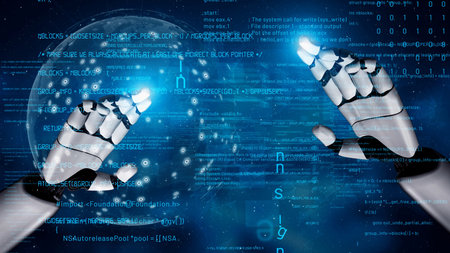 This artistic representation showcases robotic hands interacting with streams of digital data and...