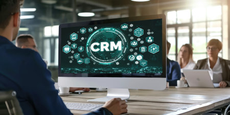 Customer relationship management system on brisk computer for CRM business and enterpriseの素材