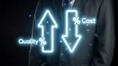 A businessman in a formal suit stands against a dark background, displaying neon arrows indicating the relationship between quality and cost in a visual business concept.の写真素材
