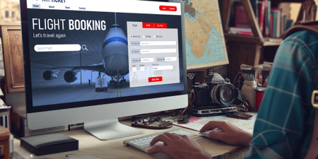 Online flight booking website provide brisk reservation system . Travel technology concept .の素材