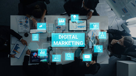 Digital marketing dashboard connecting data analytics, social media, SEO, and content strategy to improve business growth and customer engagement. Parseの写真素材