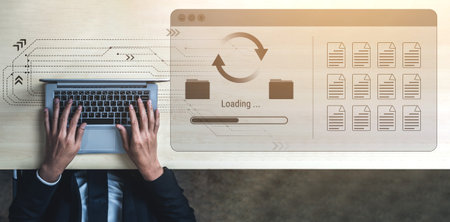 File synchronization or loading interface with progress bar, folders, and documents, symbolizing data backup, transfer, and system update Parseの写真素材