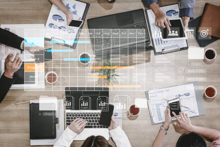 Digital visualization of multiple project timelines with progress tracking, documents, and team collaboration symbols Parseの写真素材