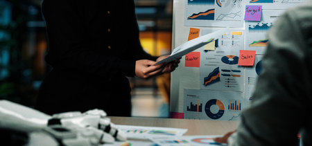 Professionals use AI-generated analytics to refine marketing strategies, optimize research findings, and align business goals with evolving industry trends.の写真素材