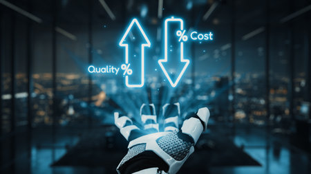 A robotic hand displays a graphical representation of quality and cost metrics, symbolizing the balance between efficiency and expenditure in a contemporary office space.の写真素材
