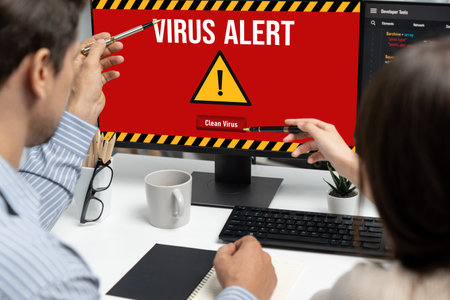 Virus warning alert on computer screen detected brisk cyber threat , hacker, computer virus and malwareの写真素材