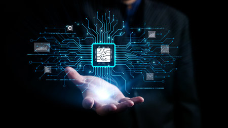 Showcase of futuristic technology emphasizing artificial intelligence with a microchip and circuit...