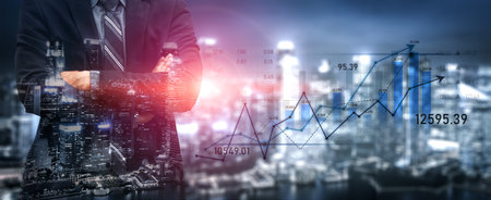 A confident business professional stands beside a financial graph superimposed on a city skyline,...