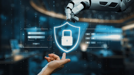 A futuristic robotic arm extends to interact with a digital shield symbol, embodying the concept of...