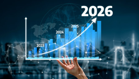 This visually striking image displays a hand reaching towards a futuristic growth chart spanning the...