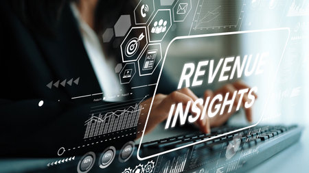 Business Professional Analyzing Revenue Insights on Digital Screen with Financial Graphics and Data Analytics in Office Setting. Asymptotic smart data analytic.の写真素材