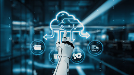 A robotic hand reaches toward a glowing cloud symbol, representing data flow and technology interaction in a cutting-edge digital workspace, emphasizing innovation and connectivity.の写真素材