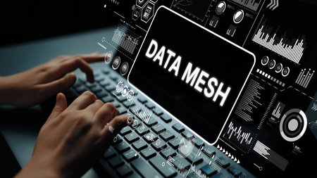 Hands Typing on Keyboard with Digital Data Mesh Concept Displayed on Screen and High-Tech Graphics in Background. Asymptotic smart data analytic.の写真素材