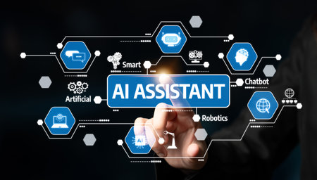 A person engages with an advanced digital interface that features various icons representing AI assistant technology, showcasing modern innovation and interaction. Tesselの写真素材