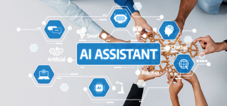 A dynamic image showcasing collaboration in developing AI assistants with various technology icons, emphasizing teamwork, innovation, and modern digital solutions.の写真素材