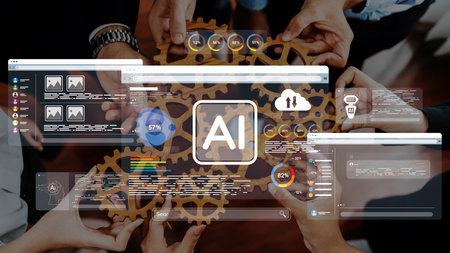 Hands unite to symbolize collaboration in AI technology. Gears represent innovation and efficiency...