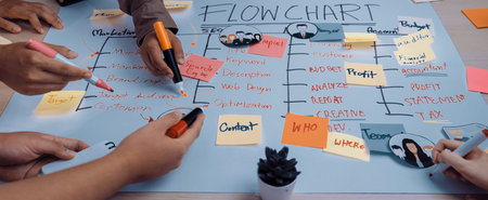 A diverse team collaborates on a flowchart using colorful markers and sticky notes, showcasing vibrant ideas and strategies for effective project management and planning.の写真素材