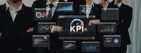 A business intelligence dashboard displaying various Key Performance Indicators (KPI). The data visualization tracks business metrics and measures performance against goals.の写真素材