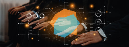 Professionals participating in a business meeting, showcasing data visualization on a digital...