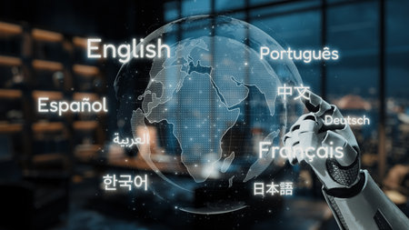 This image showcases a high-tech office space featuring a digital globe with diverse languages, symbolizing advanced communication and technology integration for global interaction.の写真素材