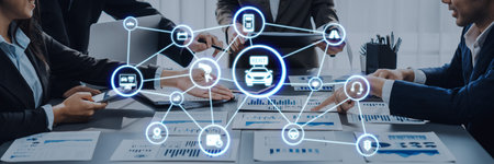 Online car rental service with booking, GPS, key handover and vehicle sharing icons representing modern mobility, travel convenience and digital rental platforms. Enticeの写真素材