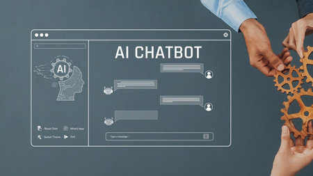 This image features hands collaborating over design elements of an AI chatbot interface, showcasing...