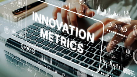 Hands Typing on Laptop Keyboard with Digital Innovation Metrics Overlay for Data Analysis and Technology Insights. Asymptotic smart data analytic.の写真素材