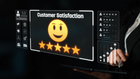 Customer feedback and satisfaction rating system showing star review, happy face, performance score, and service evaluation to improve customer experience.の写真素材