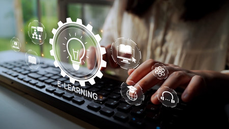 Online education boosts access to learning. Learn anytime through flexible platforms. Education technology transforms how we learn. Digital learning creates new education experiences worldwide.の写真素材