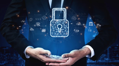 Cybersecurity protection system showing password encryption, fingerprint ID, cloud security, email,...