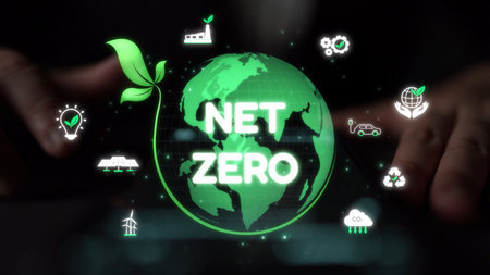 Net zero and sustainability concepts with environmental balance, digital sustainability icons, green energy goals, and eco-conscious digital business transformation for the future. Muxerの写真素材