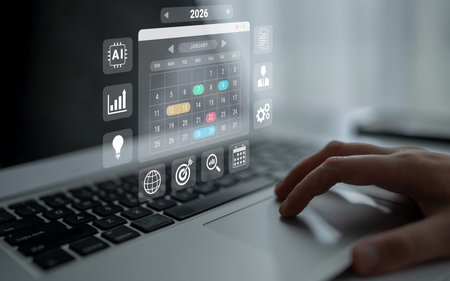 2026 calendar interface surrounded by AI, data, and business icons representing scheduling, planning, and productivity management Parseの写真素材