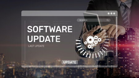 Knowledge upgrade and software update, digital skills improvement, competitive advantage, continuous learning, and staying up to date with latest technology and software trends.の写真素材