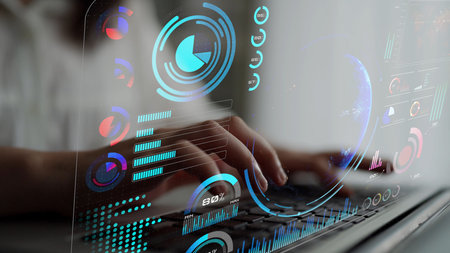 High-tech global network connection interface showing worldwide digital communication, data...