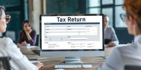 Online tax return form for submitting individual income tax return form brisk on the internet website. Government web for tax payment and return. Taxation technology concept.の素材